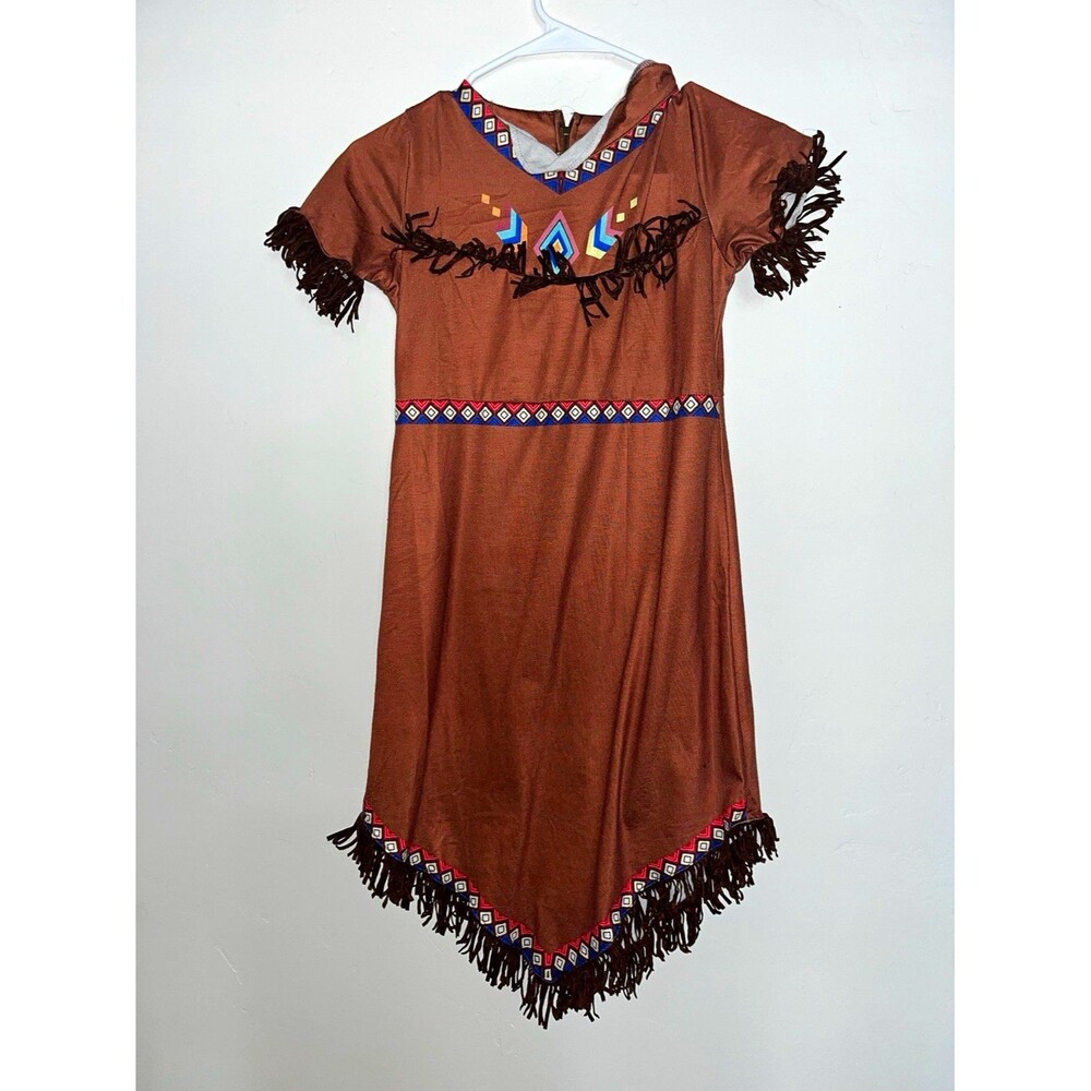 Girls Brown Fringe Costume Dress Native American Style Multicolor